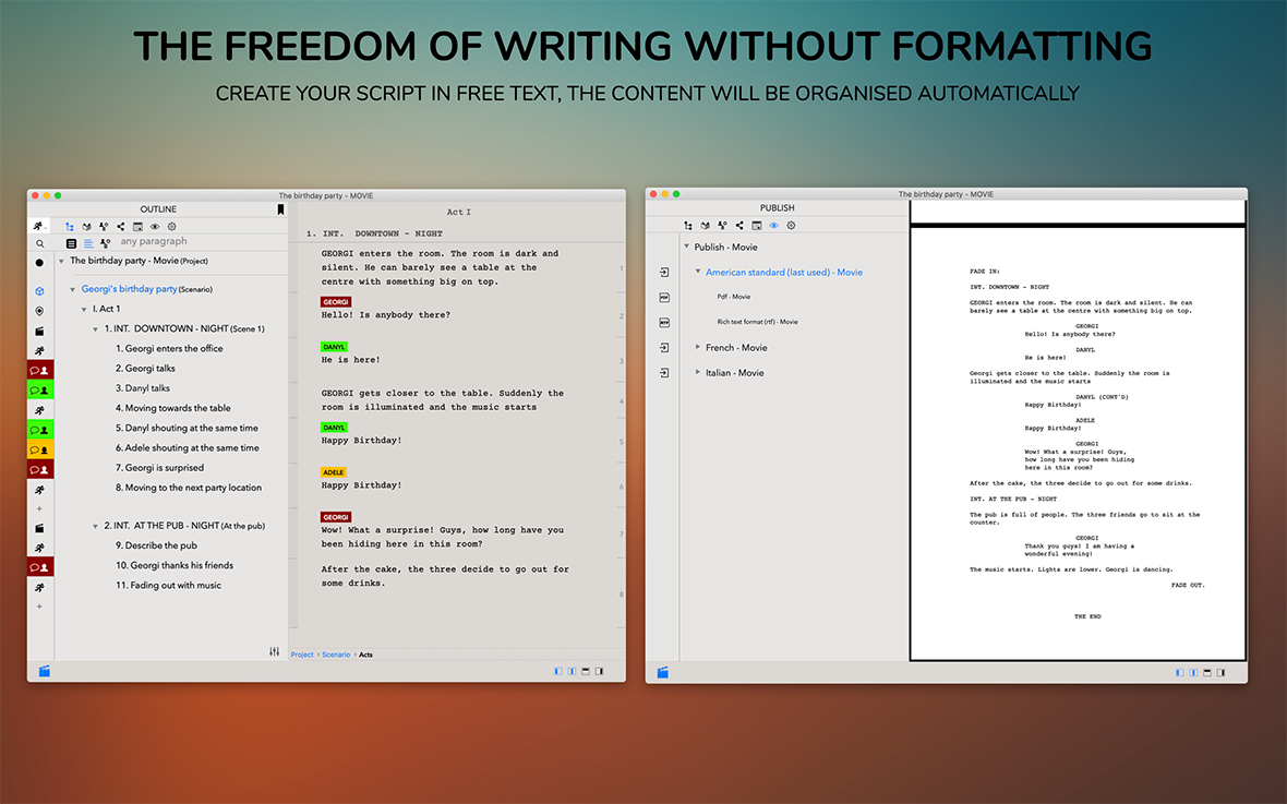 TwelvePoint takes your plain text script and publish it according to the format you want.