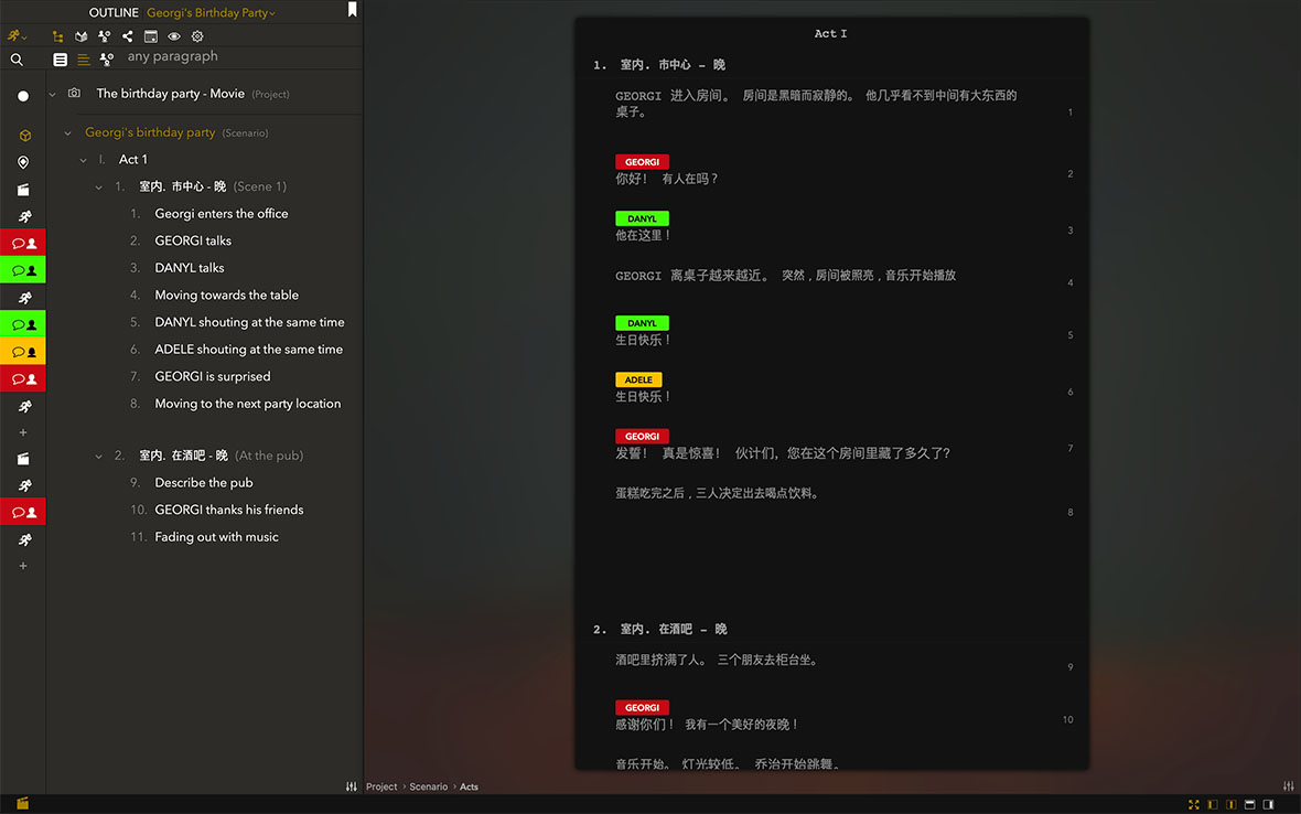 Ejemplo de guión escrito en chino usando TwelvePoint