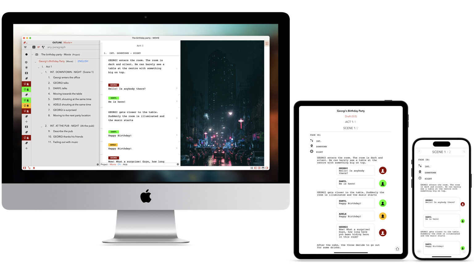 Mac, iPad 및 iPhone에서 TwelvePoint로 작성된 시나리오의 예.