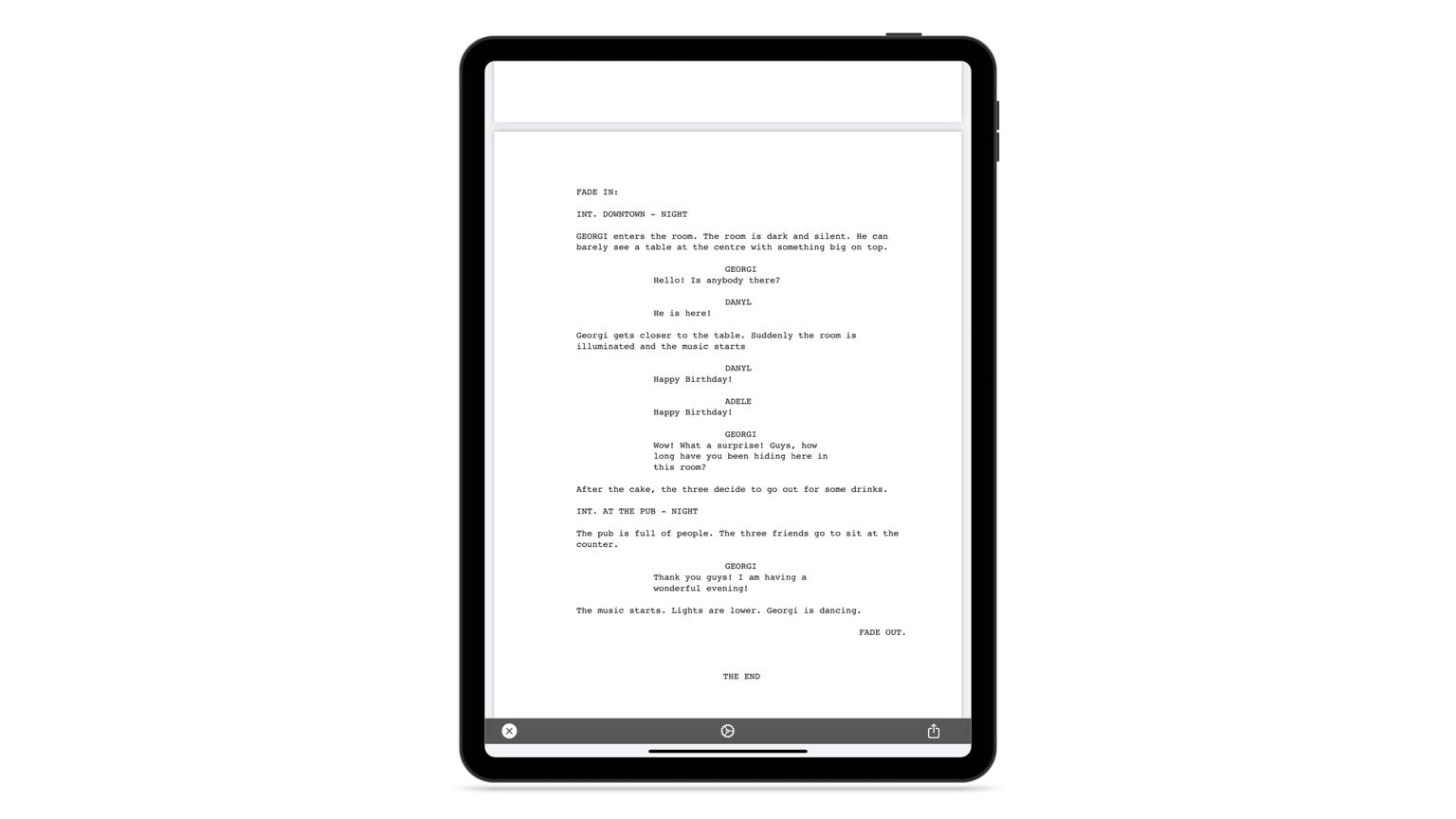 Example of a screenplay formatted according to the american standard using TwelvePoint for iOS (iPad, iPhone, Apple Vision Pro)