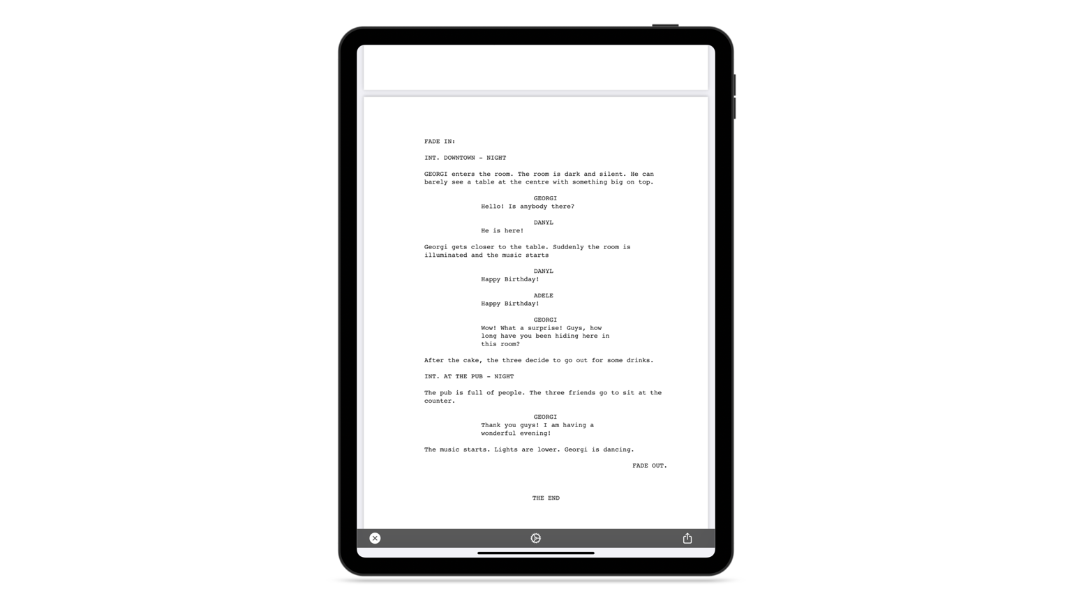 iOS(iPad, iPhone, Apple Vision Pro)용 TwelvePoint를 사용하여 미국 표준에 따라 형식화된 각본의 예