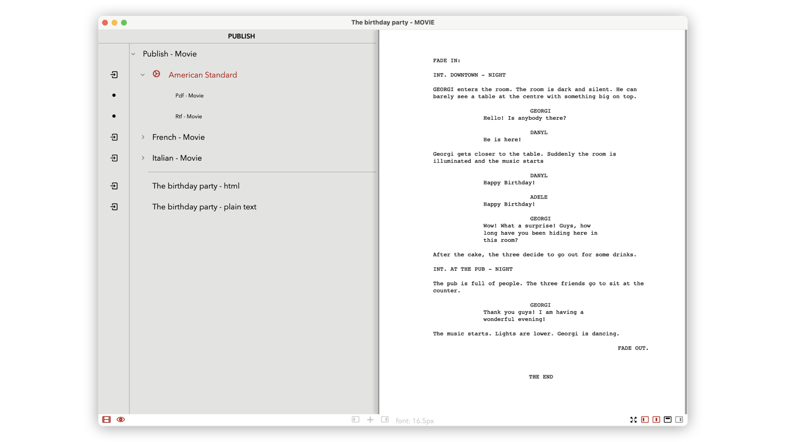 Ejemplo de guiones formateados según diferentes estándares de publicación utilizando TwelvePoint para iOS (iPad, iPhone y iPod touch)