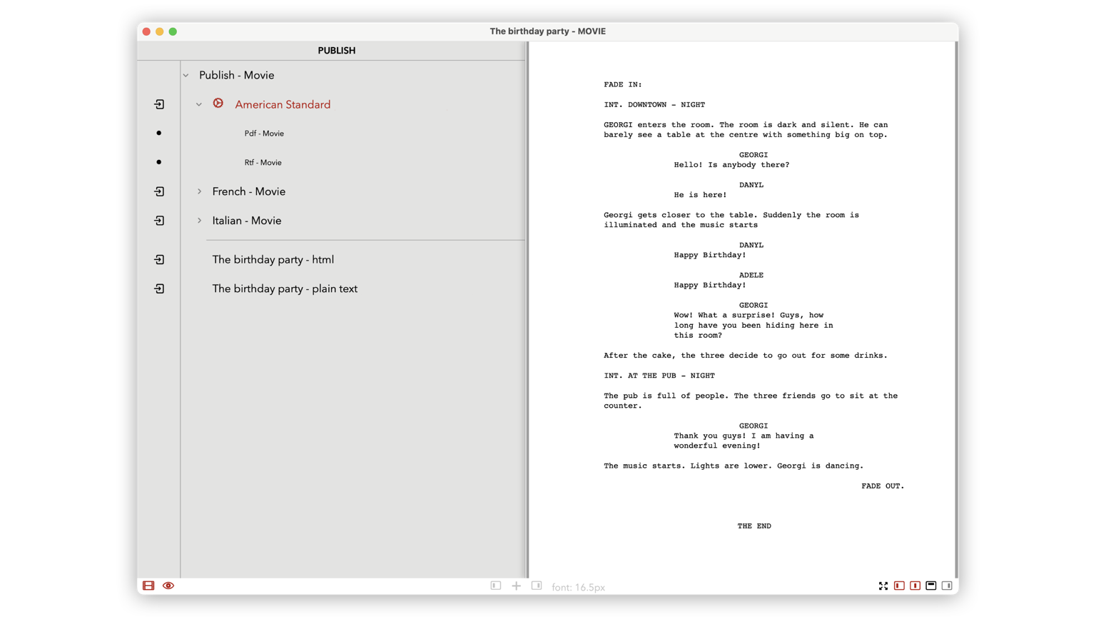macOS 용 TwelvePoint를 사용하여 다양한 출판 표준에 따라 형식화된 시나리오의 예